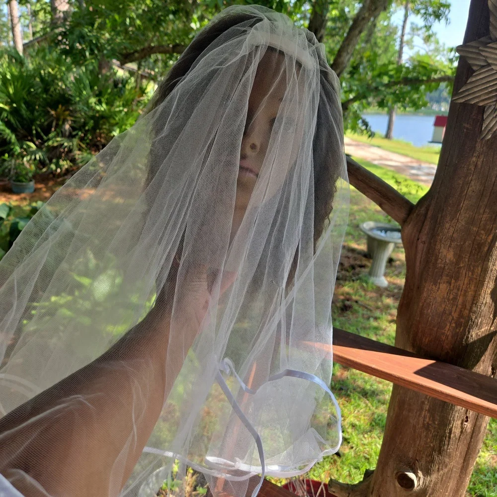 White Mesh Midi Length Veil With Satin Trim